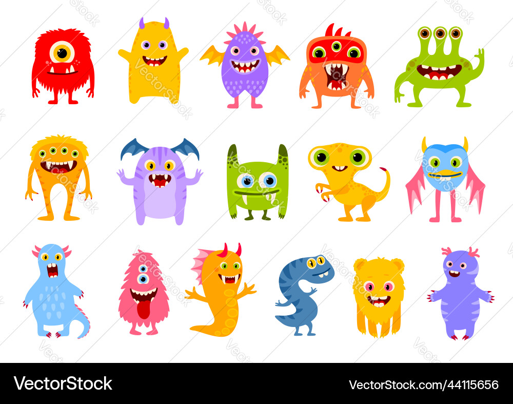 Cartoon funny monster characters cute personages Cartoon funny monster characters cute personages vector image