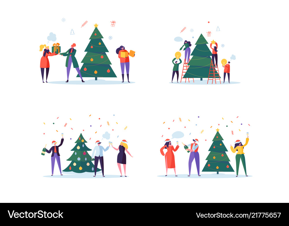 Merry Christmas People Decorating Tree Vector Image