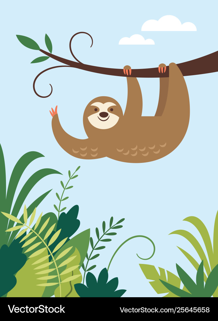 Adorable Sloth Hanging in Tree Vector Image