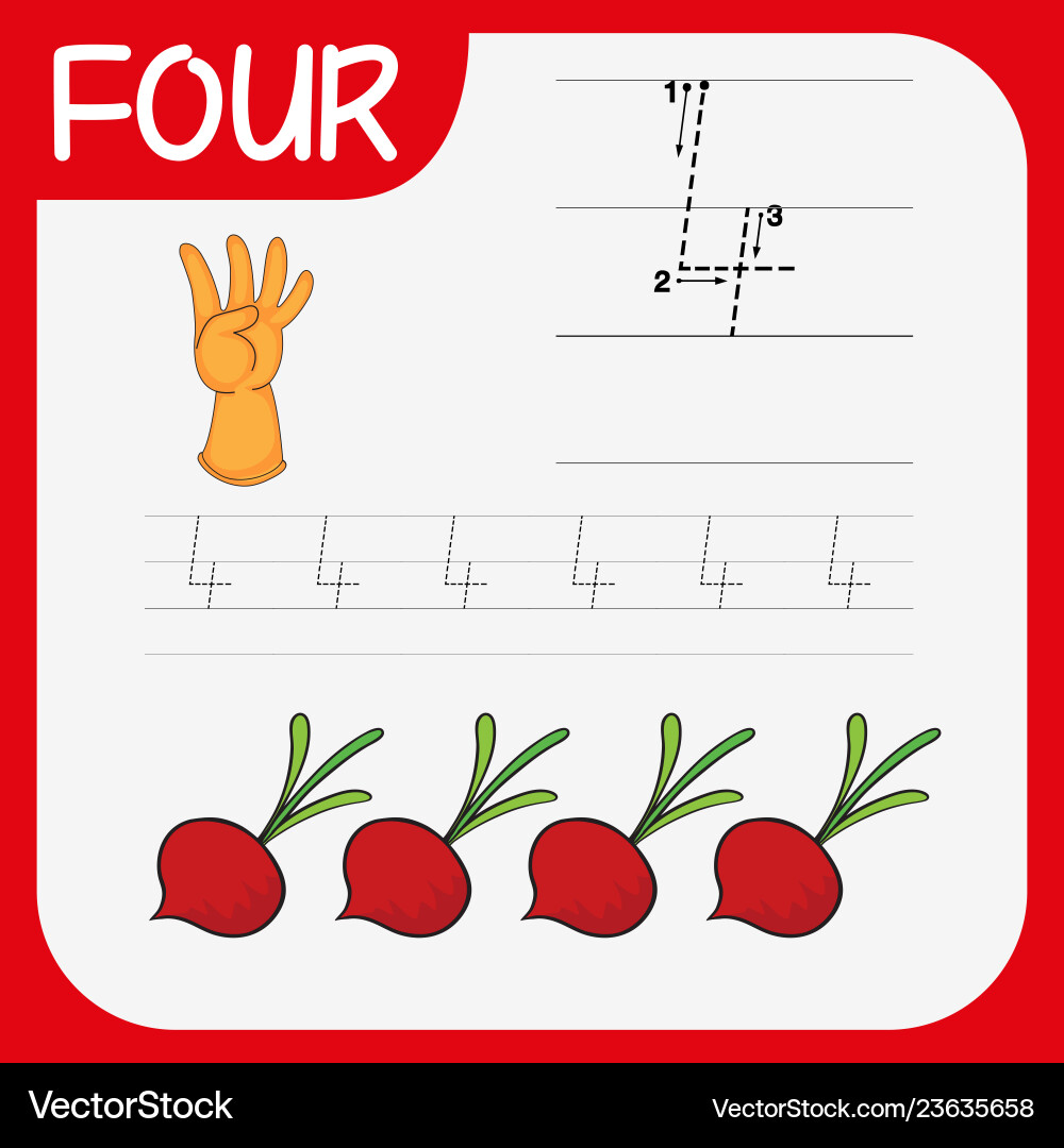 How to write number four worksheet vector image