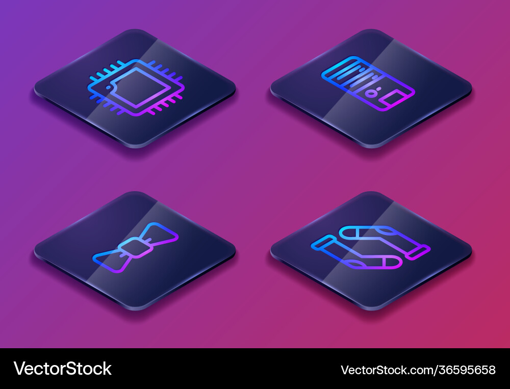Set isometric line processor with cpu bow tie Vector Image