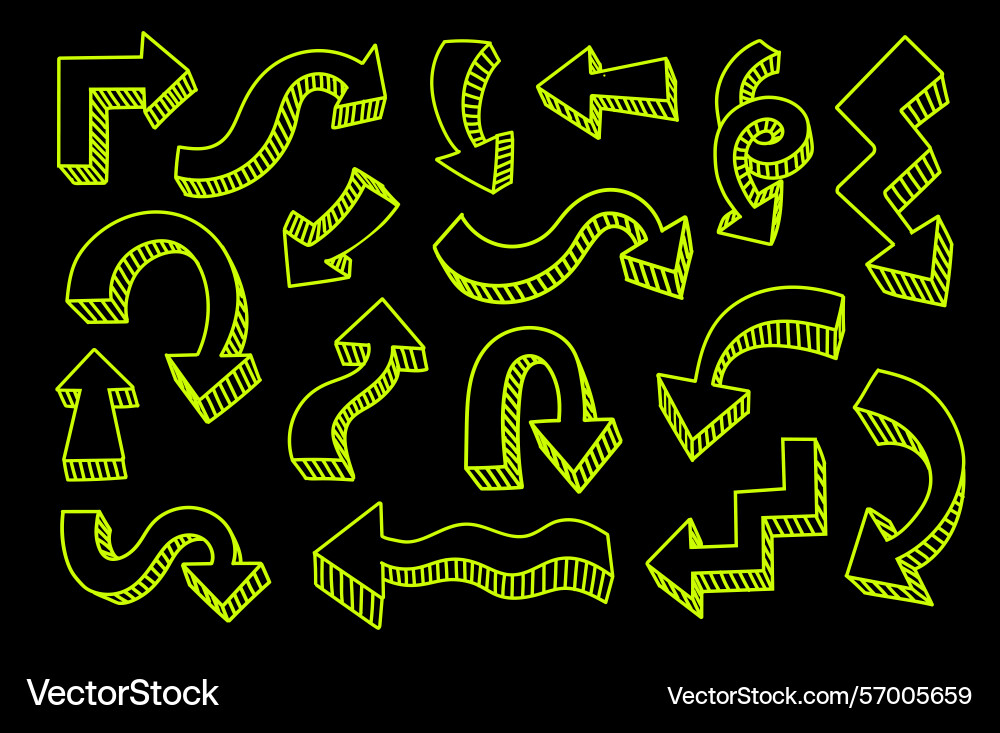 Satz von Hand gezogen Doodle Pfeile gelb Säurefarbe Vektorbild