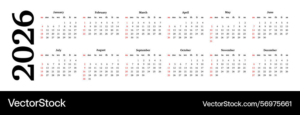 2026 Calendar - White Background – Royalty-Free Vector | VectorStock
