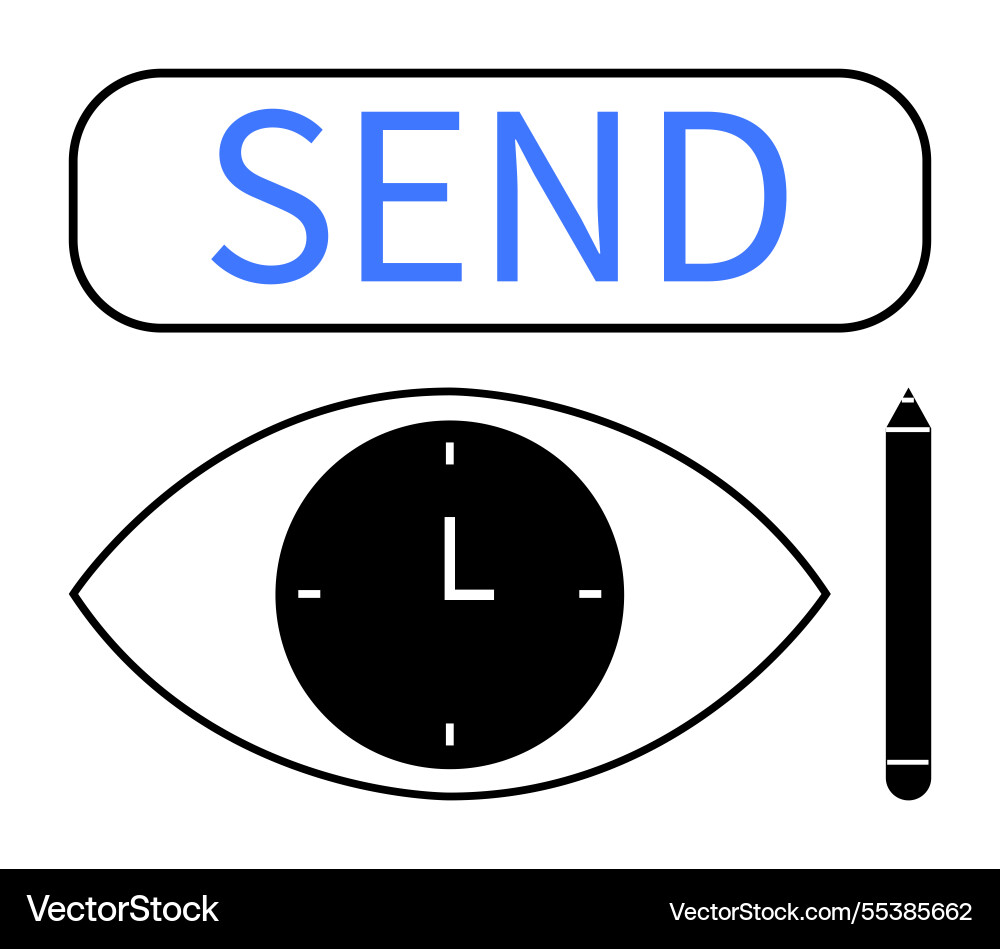 Eye with clock pen and send button symbolizing Vector Image