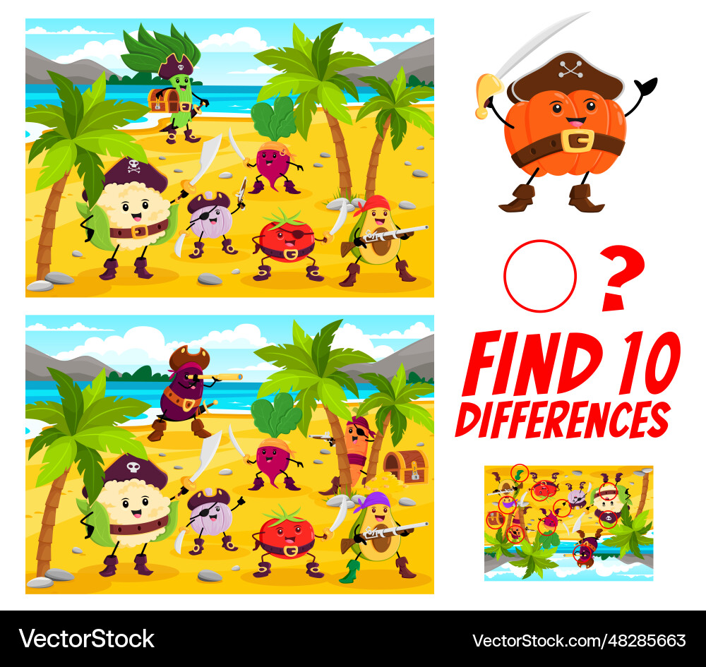 Find ten differences cartoon vegetable pirates vector image