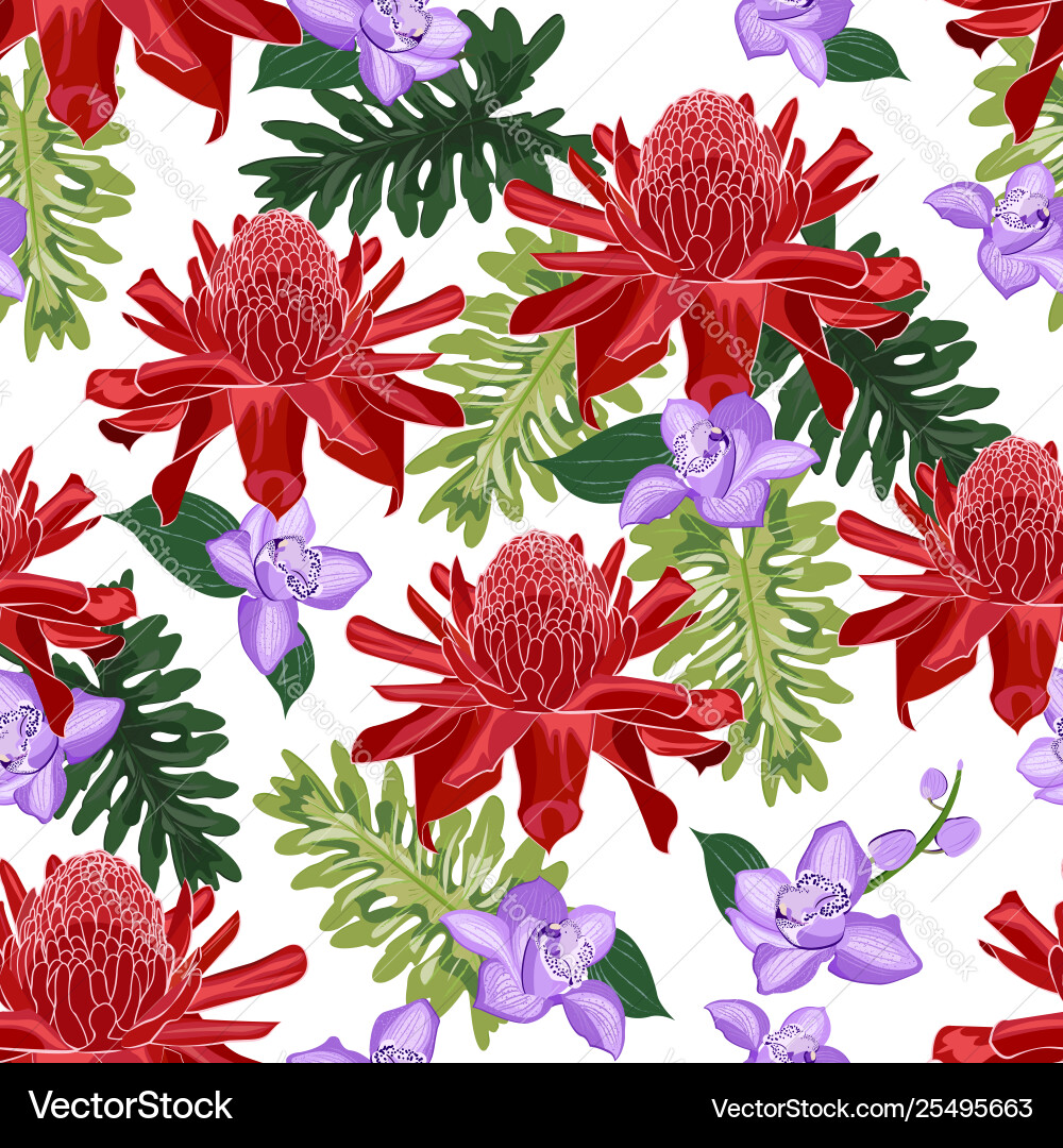 Red Torch Ginger Seamless Pattern vector image