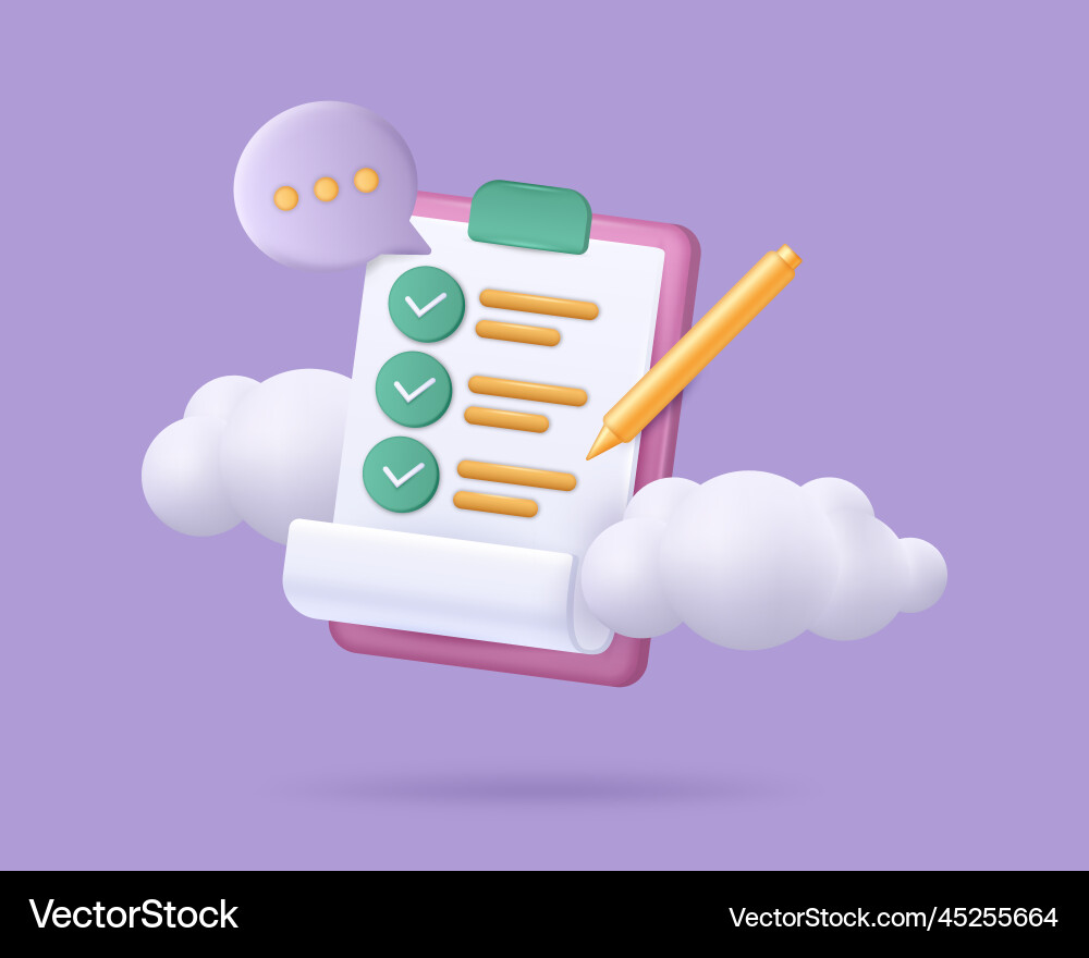 3d document write with pencil survey checkmarks 3d document write with pencil survey checkmarks vector image