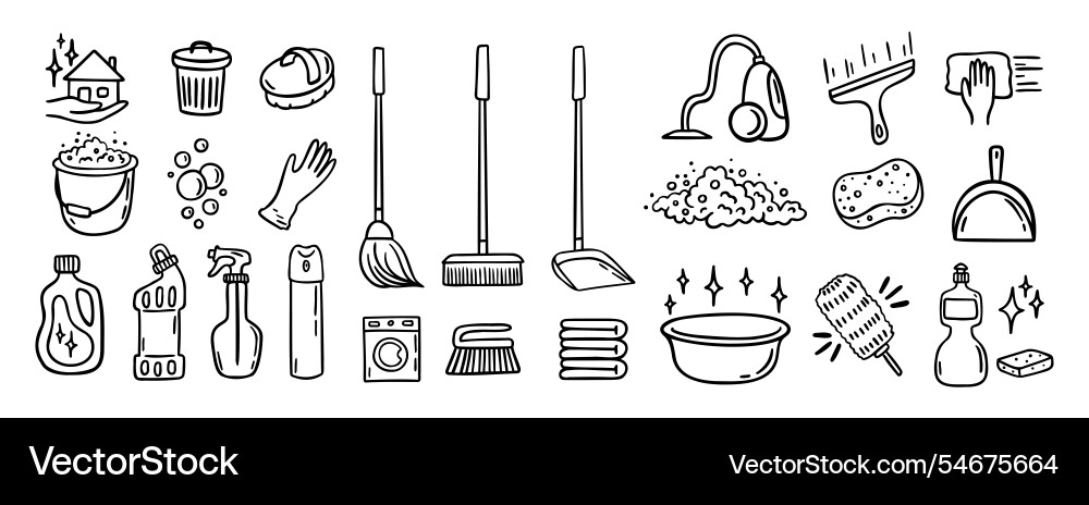 Reinigungskit Ausrüstung Doodle Hand gezogen Icon Set Reinigungskit Ausrüstung Doodle Hand gezogen Icon Set vektorbild