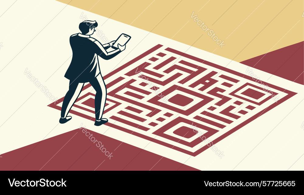 Man scanning qr code on floor digital interaction vector image