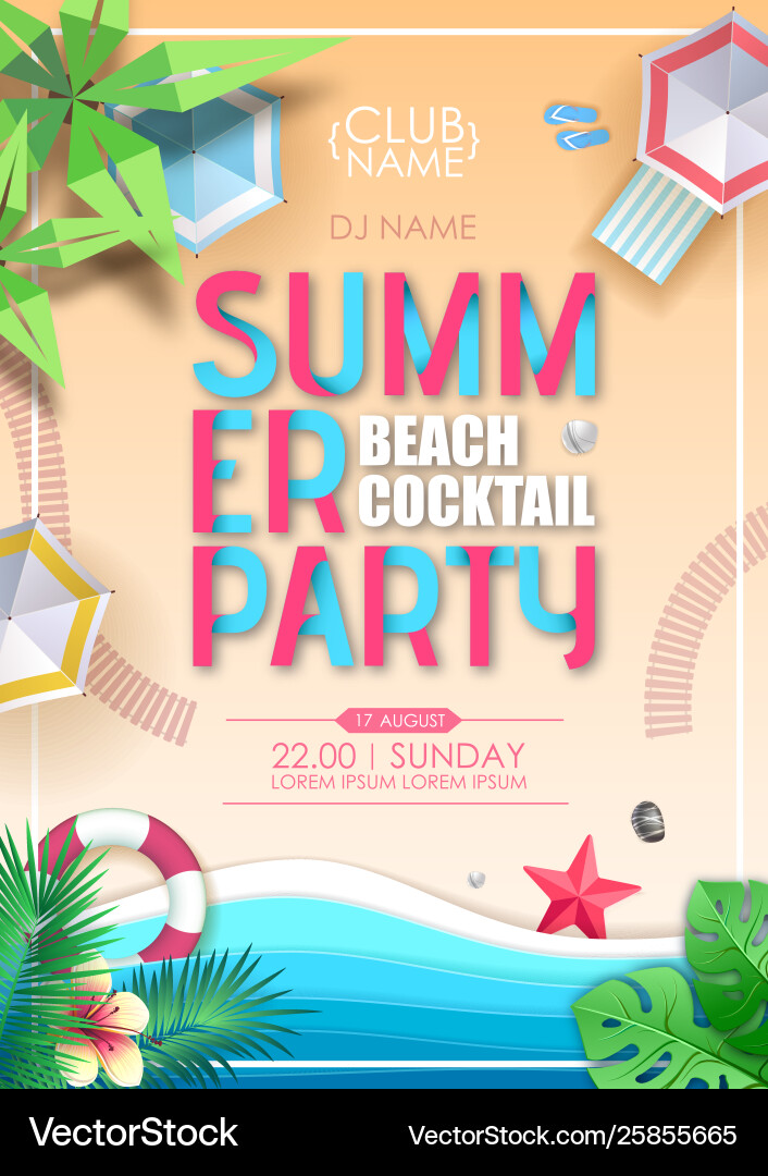 Summer cocktail beach party poster top view Summer cocktail beach party poster top view vector image