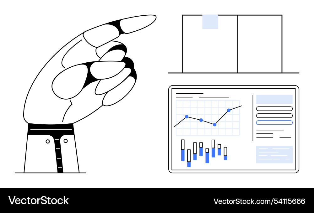Hand pointing at data charts on screen indicating Hand pointing at data charts on screen indicating Vector Image