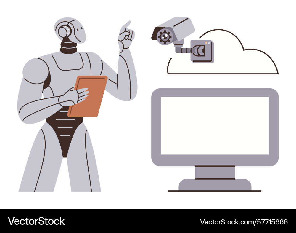 Robot analyzing cloud-based security camera data vector image