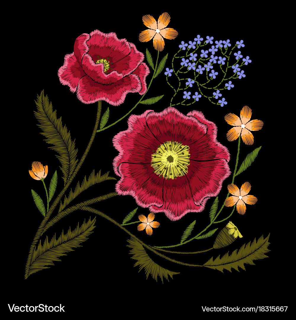 Floral Poppy Embroidery Vector Image