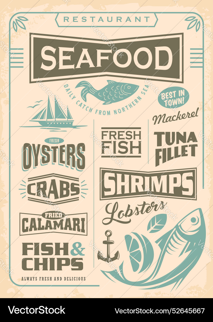Seafood restaurant antique menu design Royalty Free Vector
