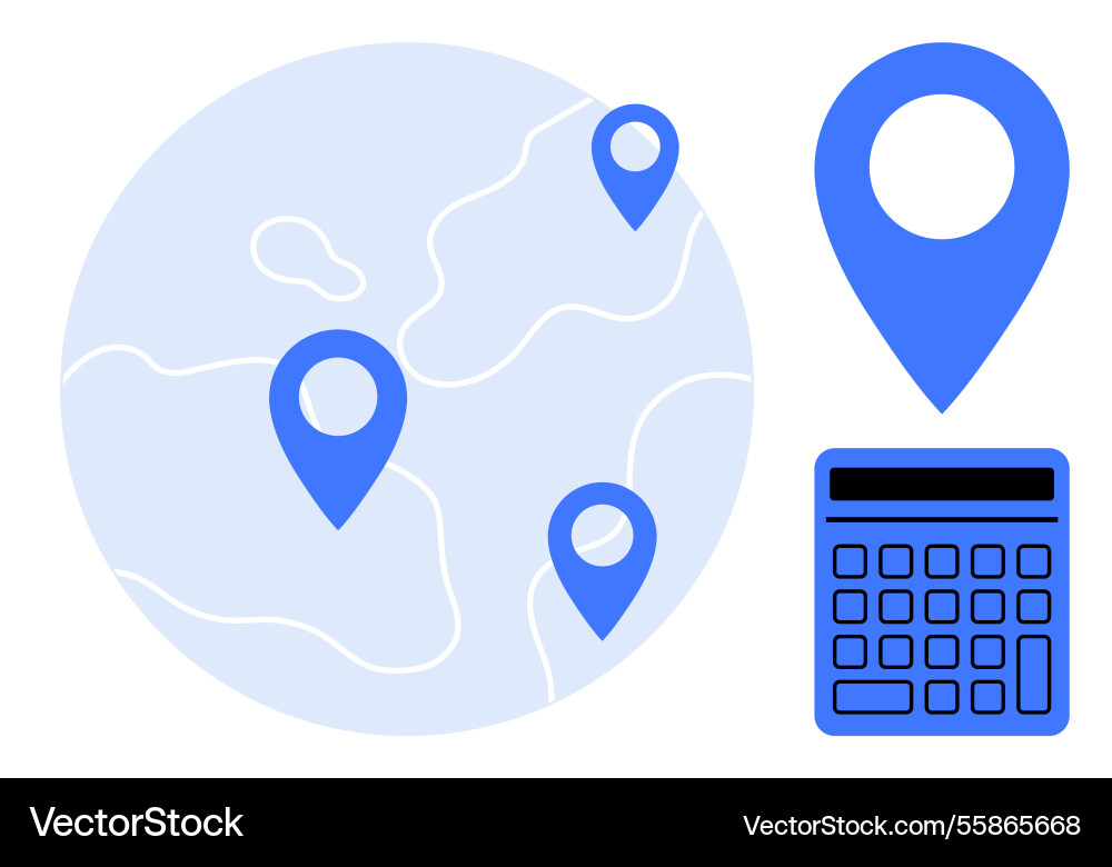 Global map with location pins and calculator Global map with location pins and calculator vector image