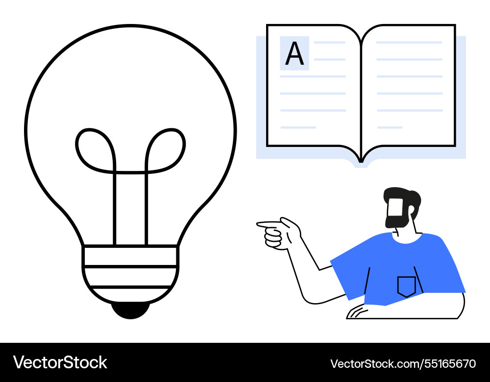 Man pointing at an open book with a light bulb Man pointing at an open book with a light bulb vector image