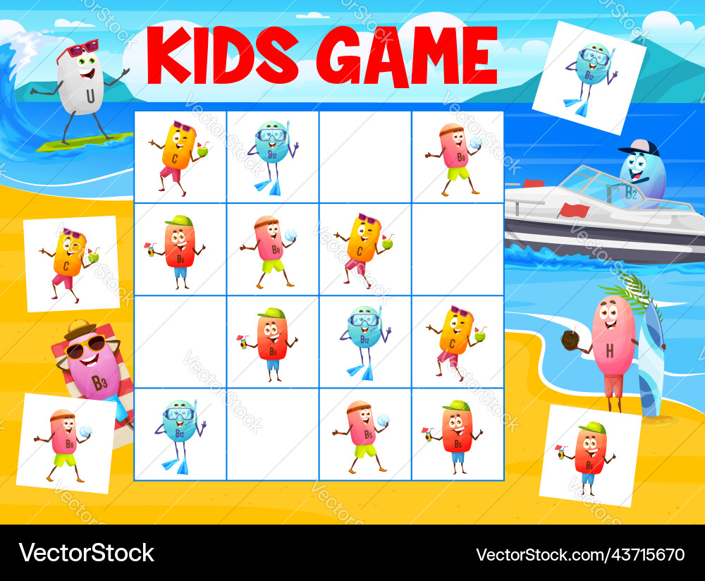Sudoku Spiel mit Cartoon-Vitamine im Urlaub Vektorbild
