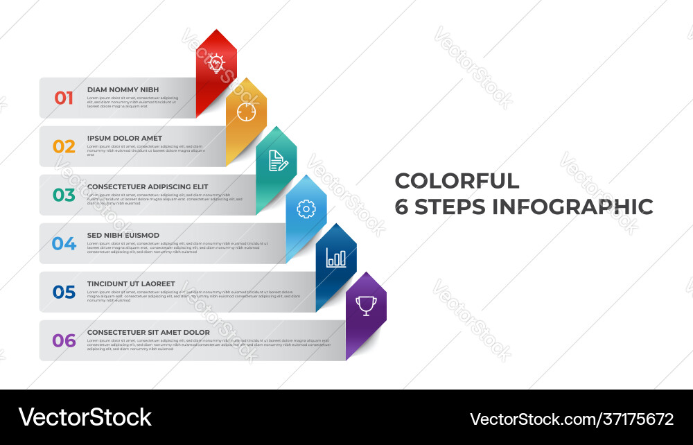 6 points list diagram pyramid steps with arrow 6 points list diagram pyramid steps with arrow vector image