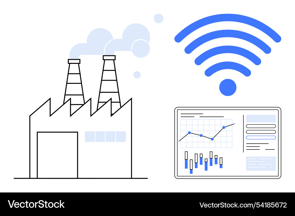 Factory with data analytics tablet and wireless Vector Image