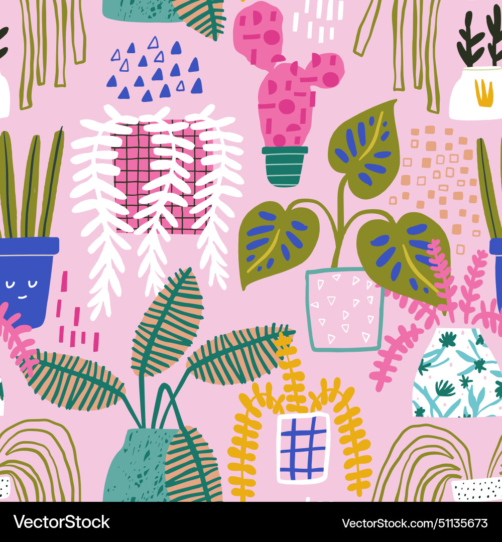 Seamless botanical pattern with plats in pots Vector Image