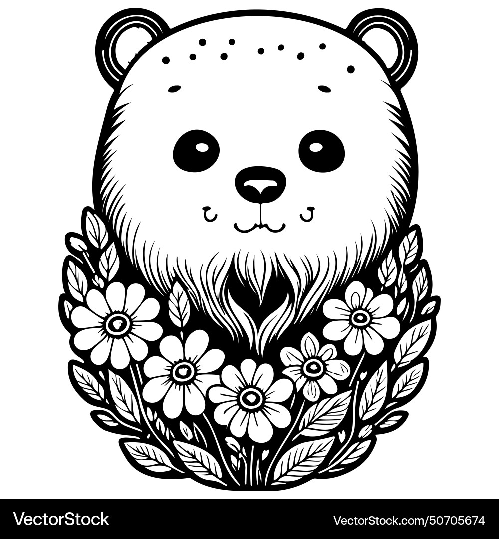 Animal bear brave with floral spring sketch hand Animal bear brave with floral spring sketch hand vector image