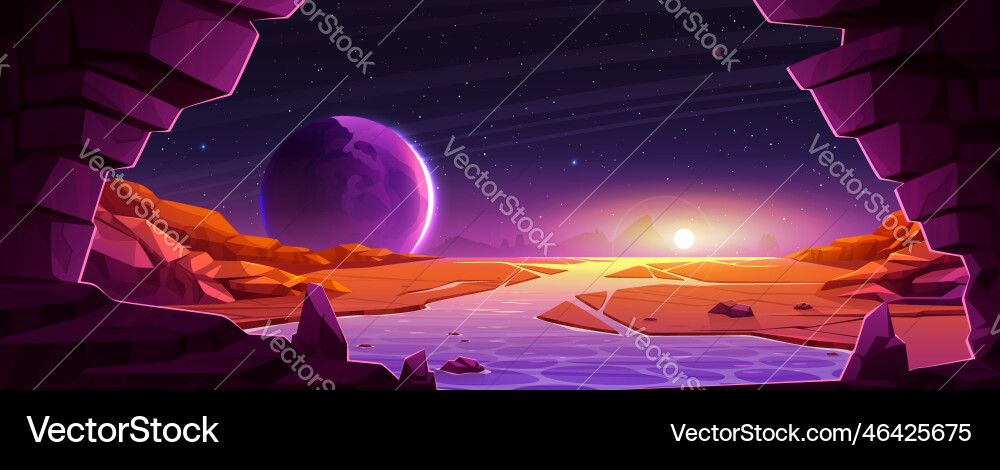 Weltraumhintergrund mit fremder Planetenlandschaft Weltraumhintergrund mit fremder Planetenlandschaft Vektorbild