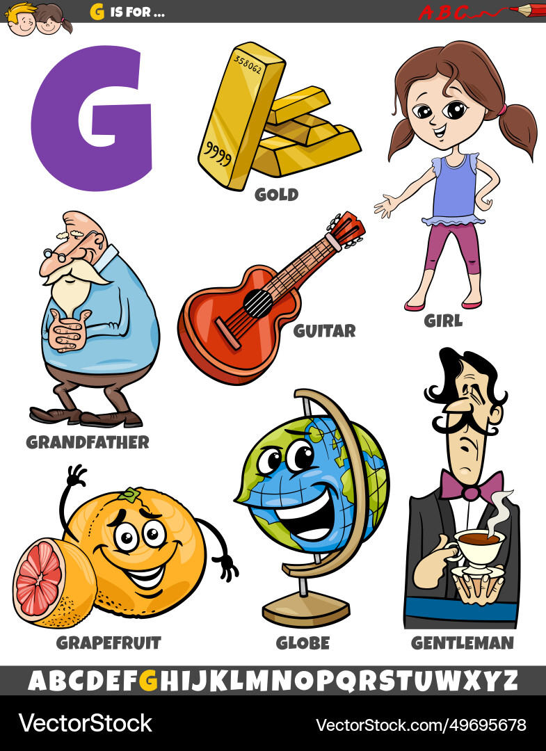 Letter g set with cartoon objects and characters Letter g set with cartoon objects and characters vector image