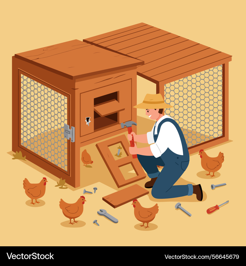 Man repairing chicken coop with chickens around Vector Image