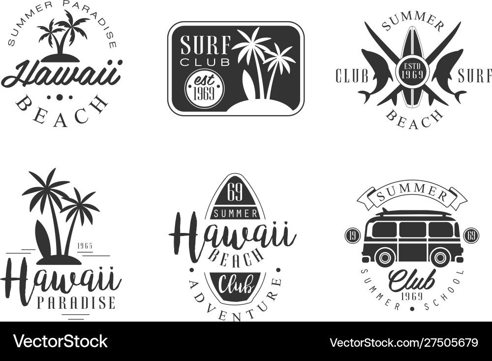 Surf club retro logo templates set hawaii beach Surf club retro logo templates set hawaii beach vector image