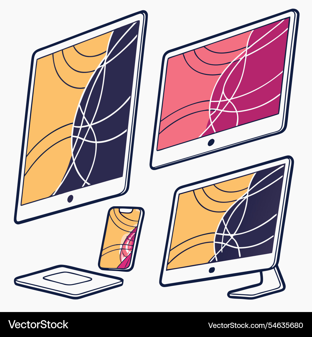 Gradient digital screens with abstract line art vector image
