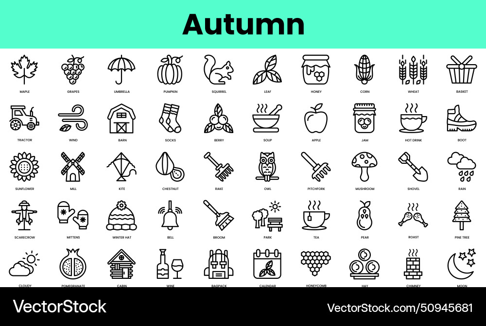 Set of autumn icons linear style icon bundle Set of autumn icons linear style icon bundle vector image