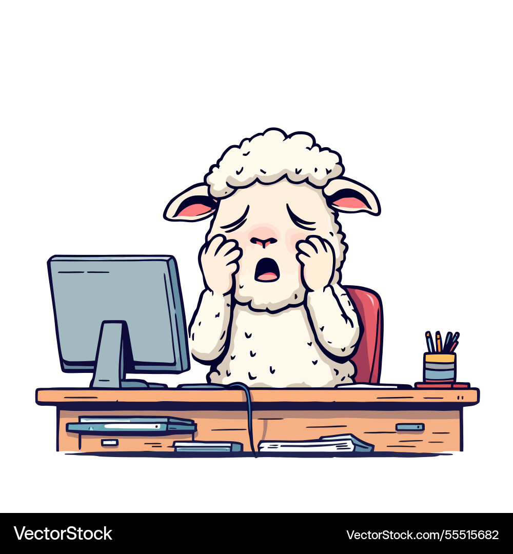 Ai-generated sleepy sheep yawning at work using Vector Image