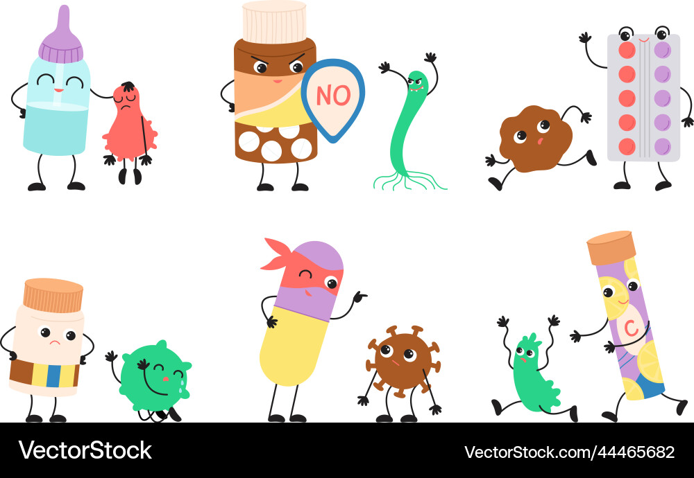 Cartoon pills and viruses scenes antibiotics Cartoon pills and viruses scenes antibiotics vector image