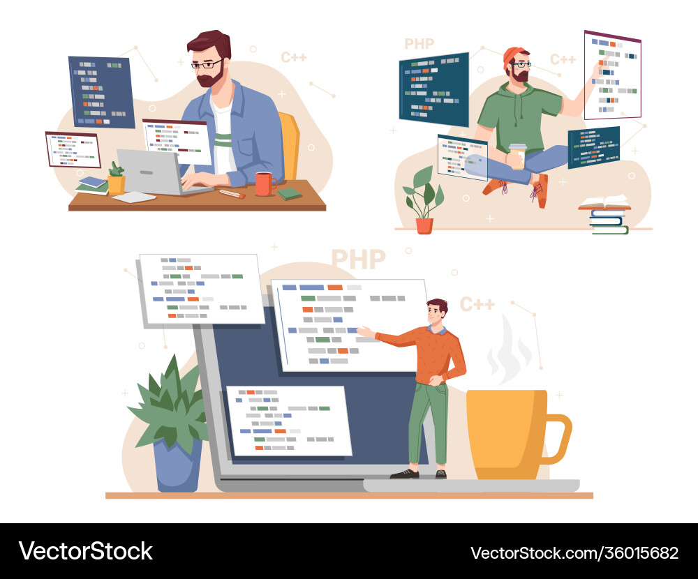 Man programming and coding laptops gadget Man programming and coding laptops gadget vector image