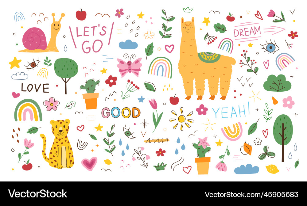 Cute Doodle Plants & Animals Vector Image
