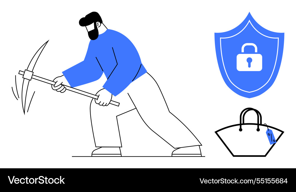 Man mining with pickaxe next to security shield vector image