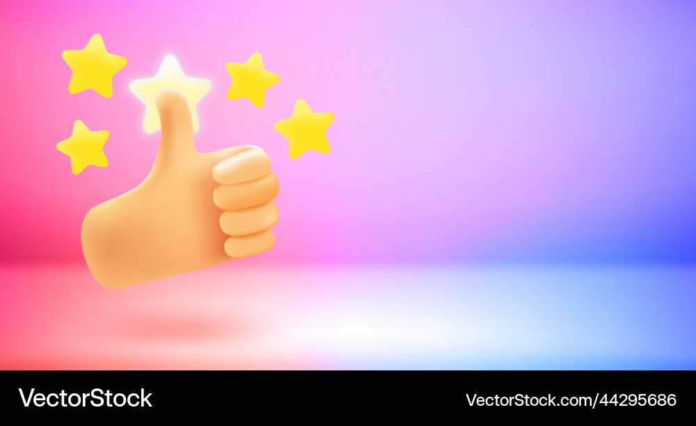 Thumbs up and shining stars in a hand 3d banner Thumbs up and shining stars in a hand 3d banner vector image