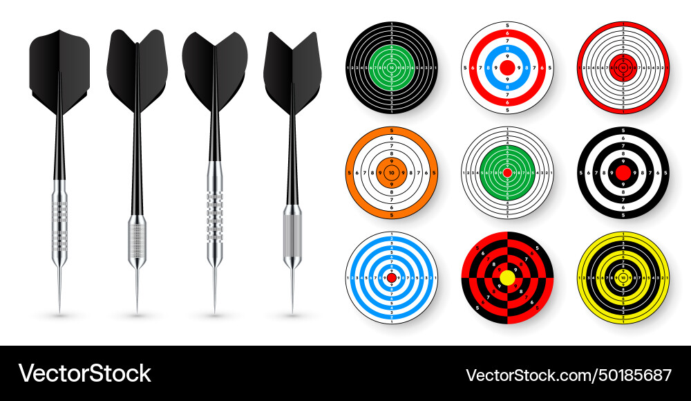 Paper targets with dart arrows and shadows Paper targets with dart arrows and shadows vector image