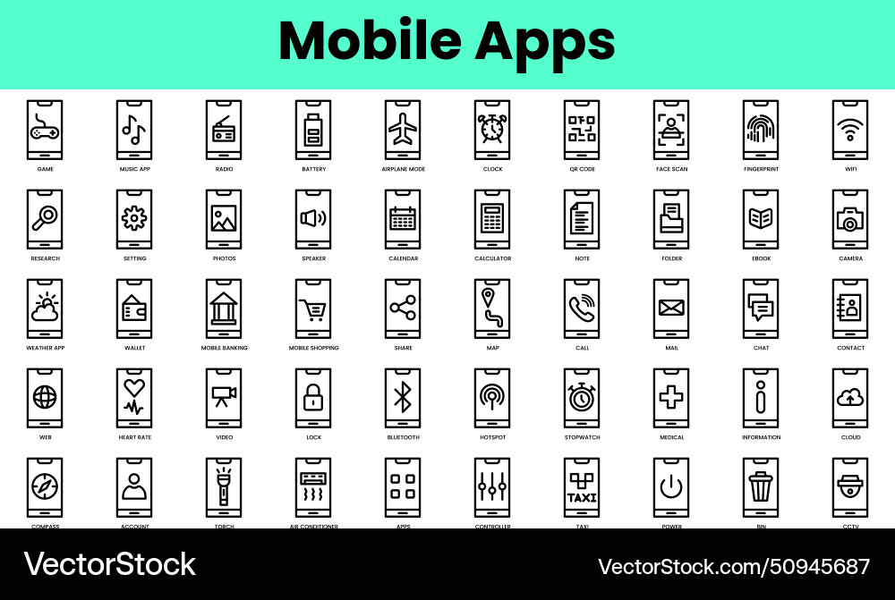 Set of mobile apps icons linear style icon bundle Set of mobile apps icons linear style icon bundle vector image