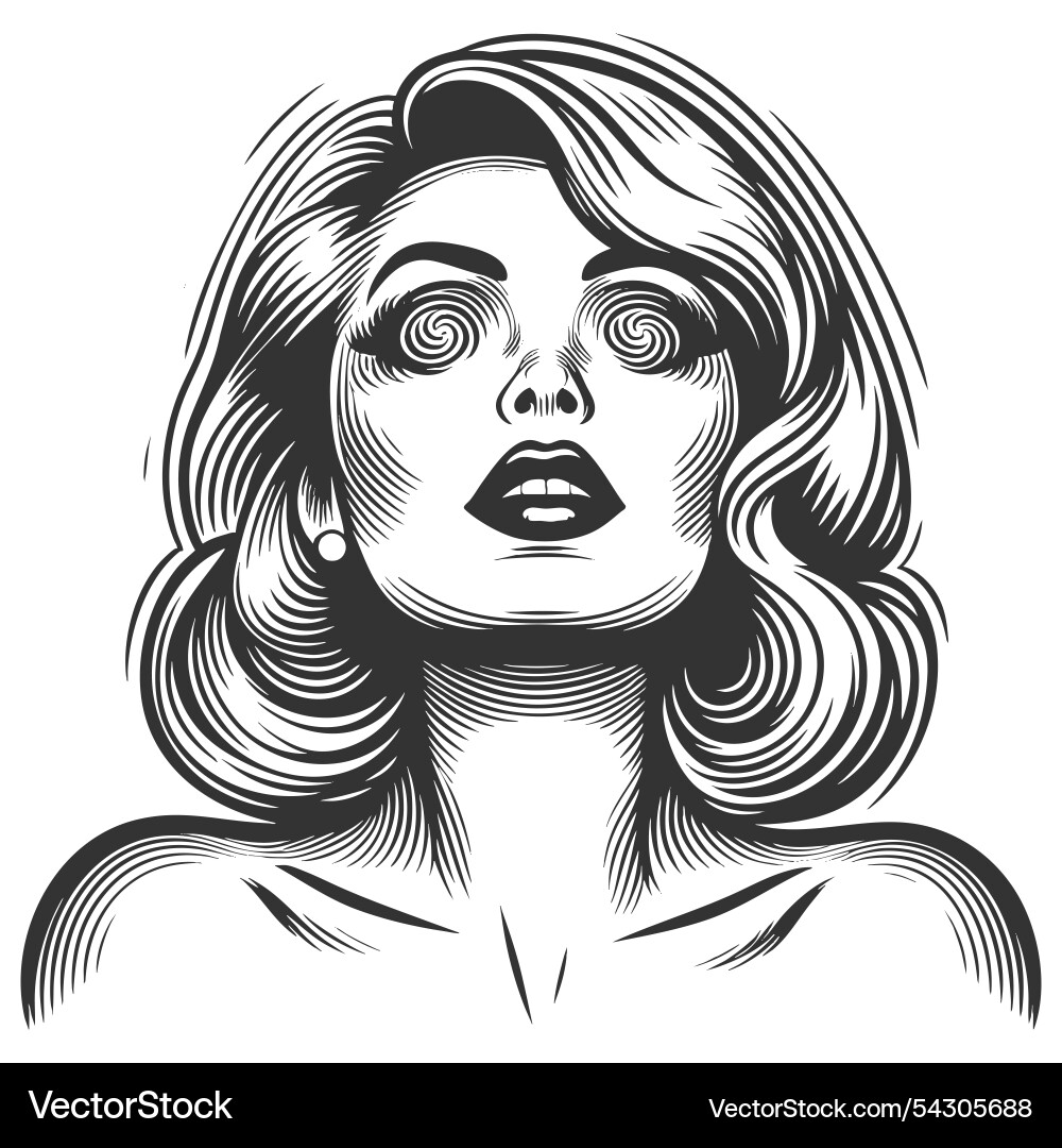 Hypnotized woman with spiral eyes engraving Vector Image