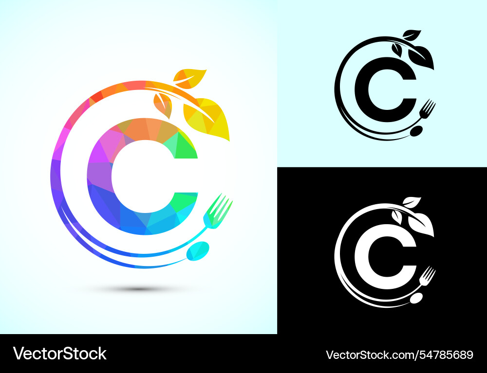 Initial alphabet c with a fork spoon and leaf vector image