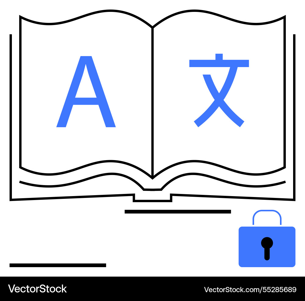 Open book with multilingual letters and secure Open book with multilingual letters and secure Vector Image
