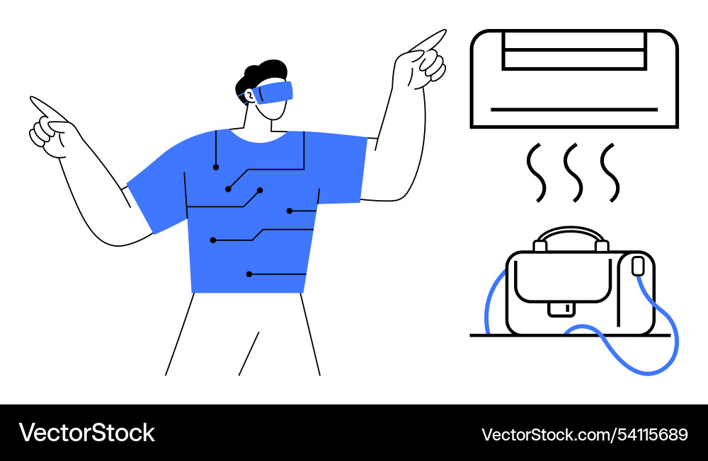 Virtual reality enthusiast interacting with smart Virtual reality enthusiast interacting with smart Vector Image