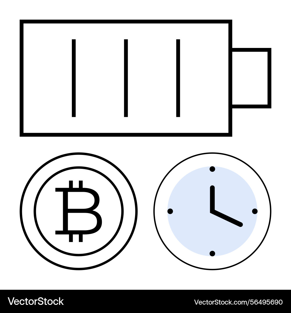 Battery bitcoin and clock symbols representing Battery bitcoin and clock symbols representing Vector Image