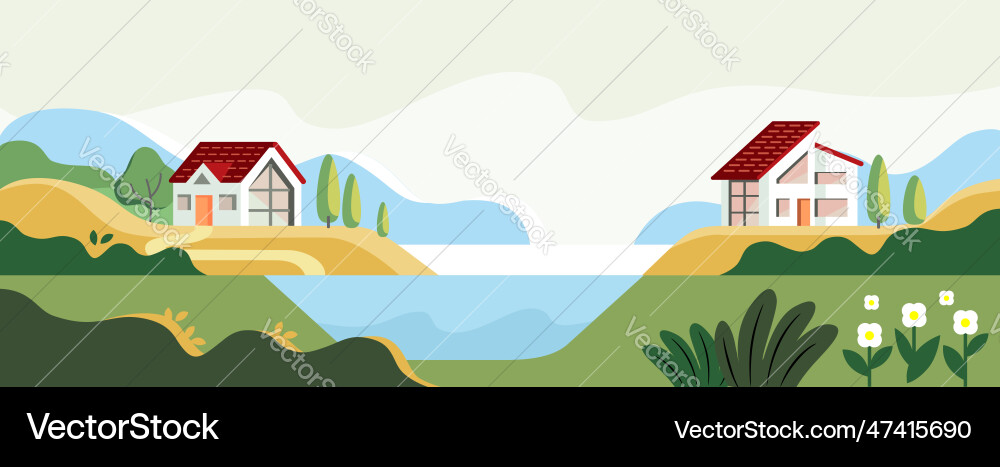 House in hill with lake and forest landscape House in hill with lake and forest landscape vector image