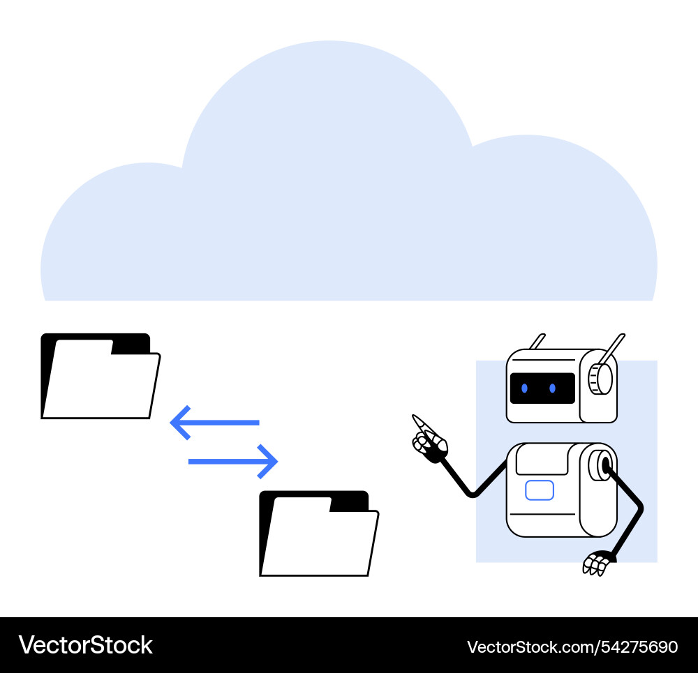 Robot facilitating cloud file transfer between Robot facilitating cloud file transfer between vector image