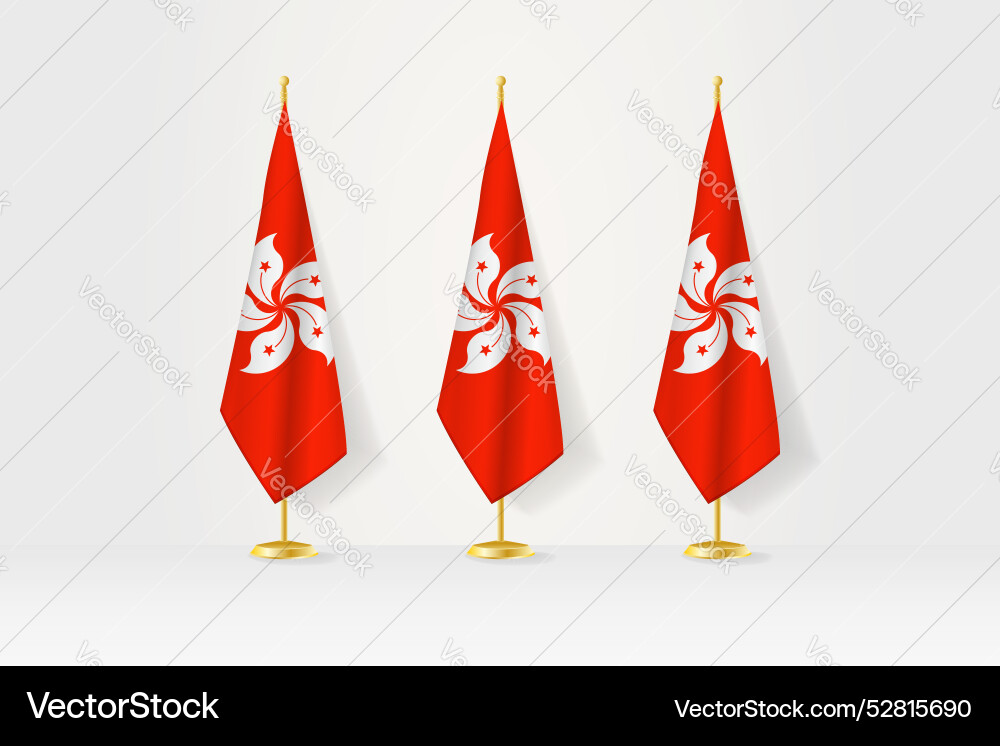 Three hong kong flags in a row on golden stand Vector Image