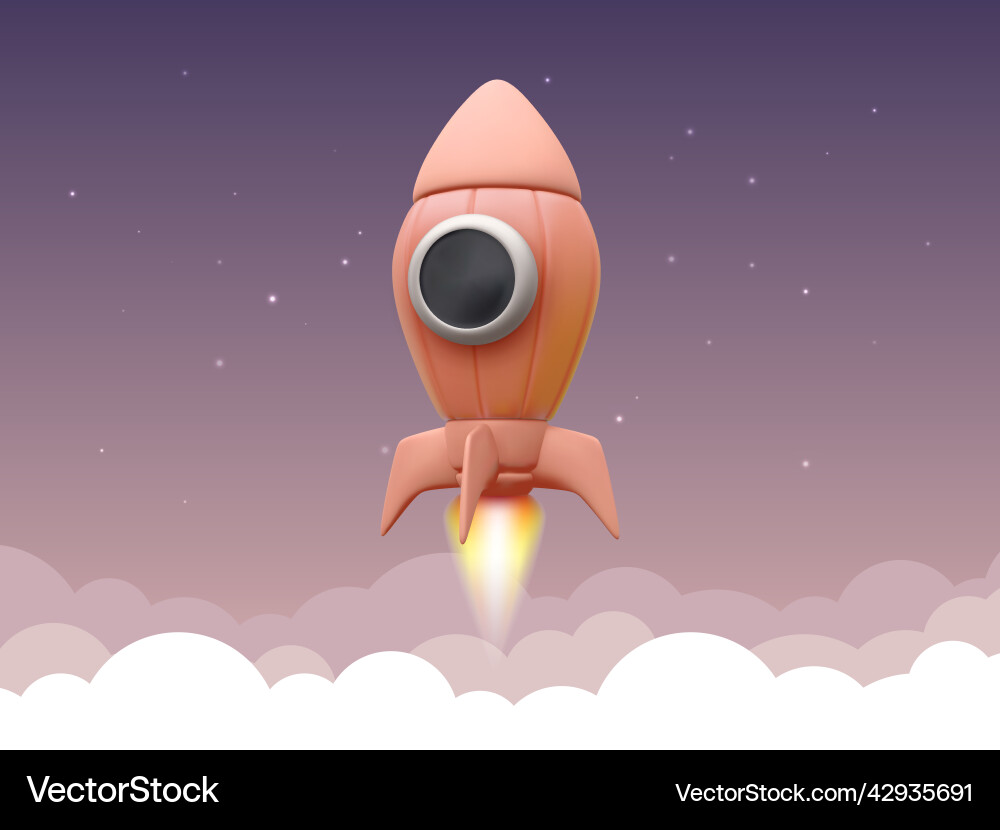 Orange 3d rocket flying into space vector image