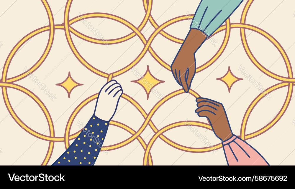 Hands connecting over geometric pattern Vector Image