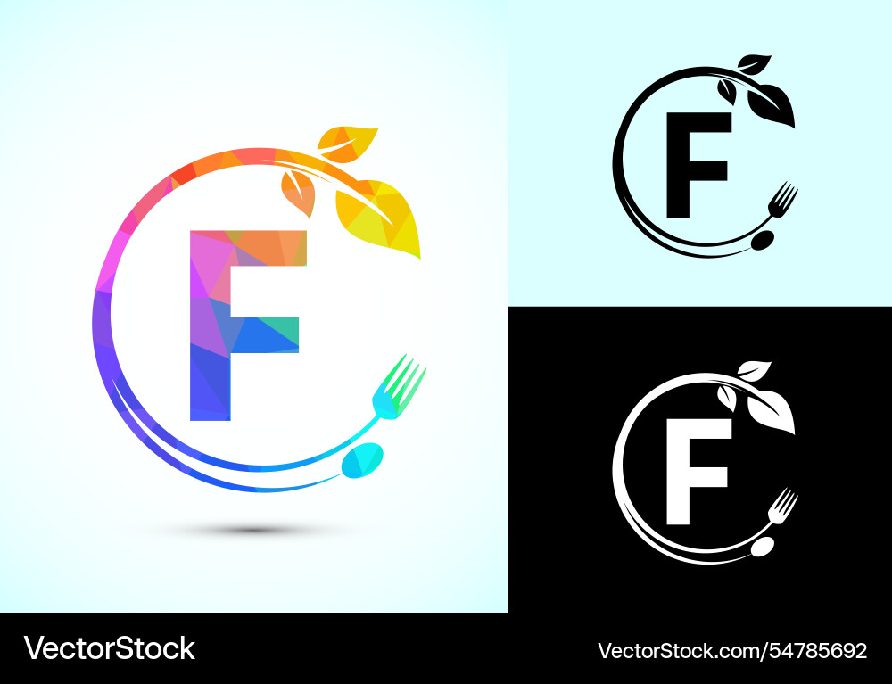 Initial alphabet f with a fork spoon and leaf Vector Image